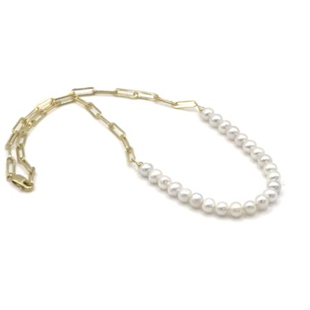 Freshwater Pearl & Chain Necklace - Sterling Silver - Gold