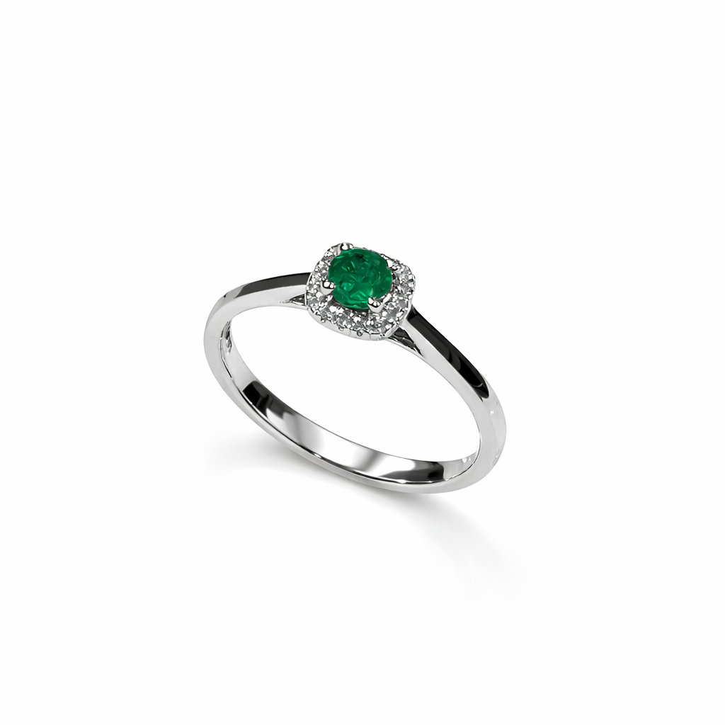 Emerald and Diamond Halo Ring - 14ct White Gold