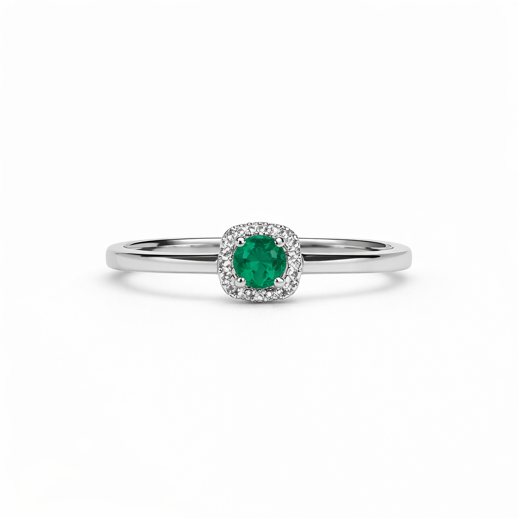 Emerald and Diamond Halo Ring - 14ct White Gold - Image 3