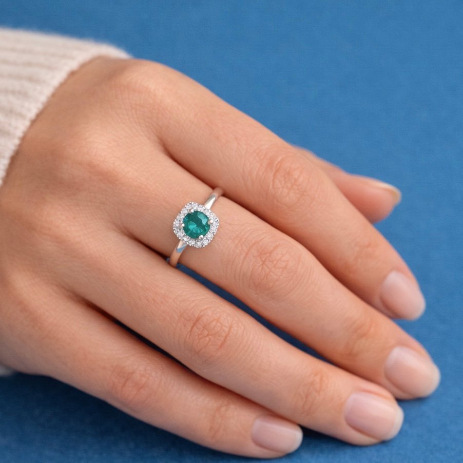 Emerald and Diamond Halo Ring - 14ct White Gold - Image 5