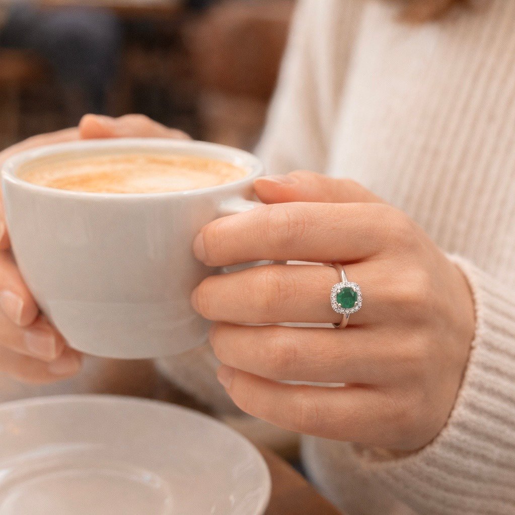 Emerald and Diamond Halo Ring - 14ct White Gold - Image 6