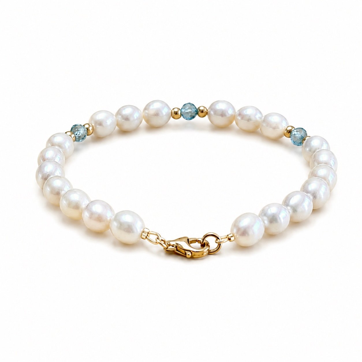 Freshwater Pearl and Blue Topaz Bracelet - 9ct Gold - Image 2