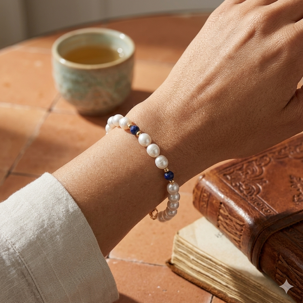 Freshwater Pearl and Lapis Lazuli Bracelet - 9ct Gold - Image 4