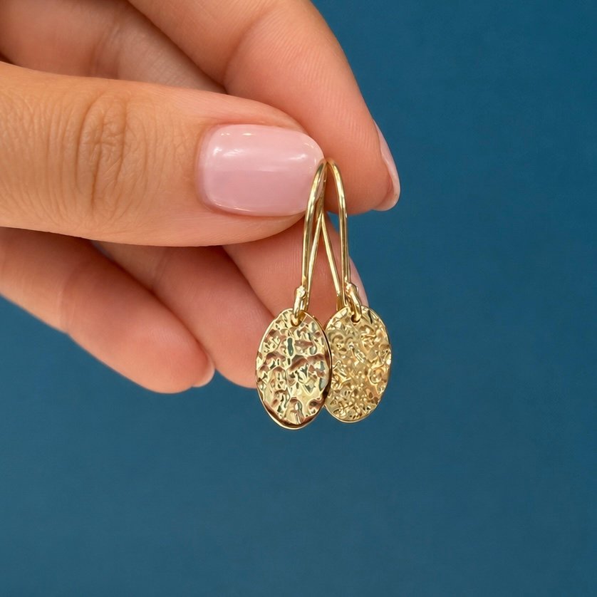 Oval Hammered Drop Earrings - 9 Carat Gold - Image 2