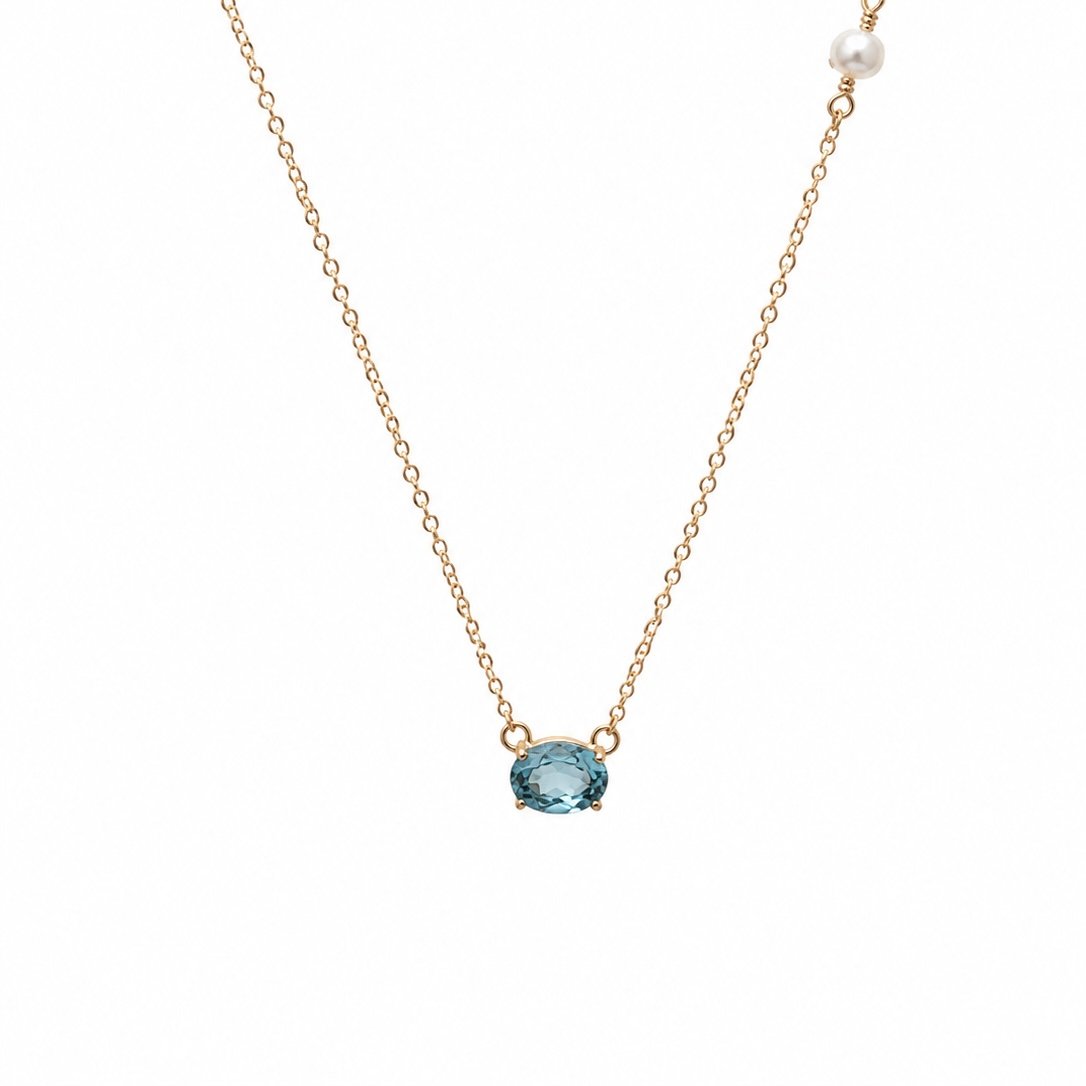 Aquamarine and Freshwater Pearl Necklace - 9ct Gold
