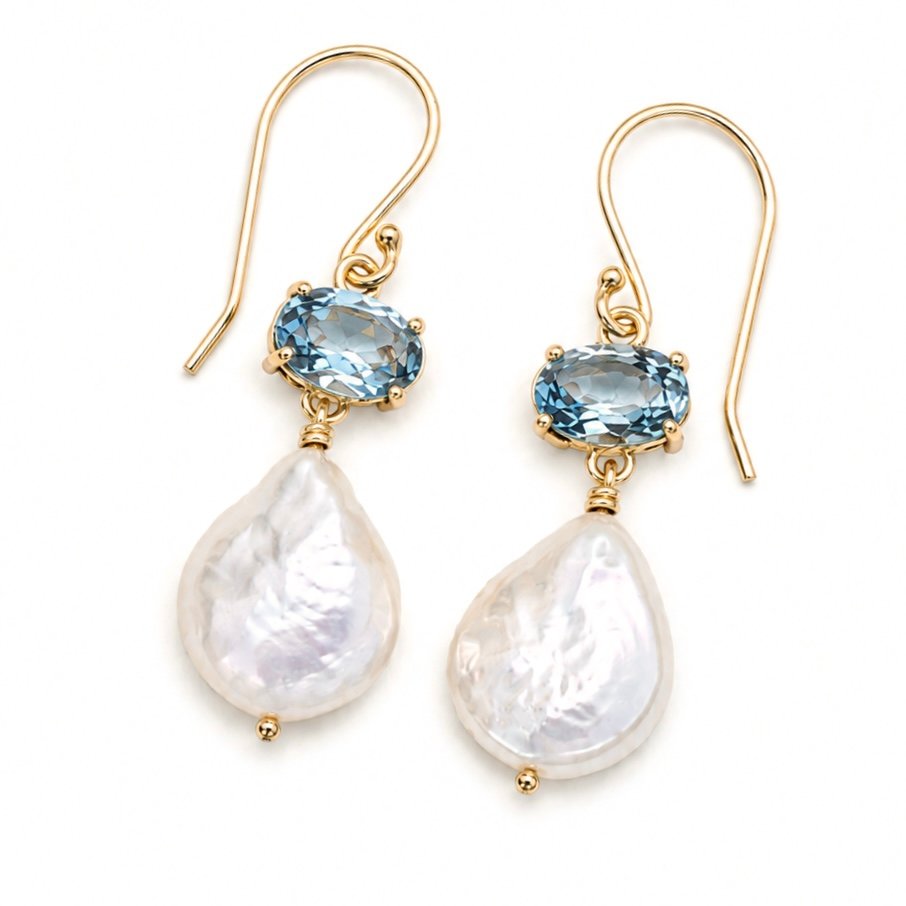 Aquamarine and Freshwater Pearl Drop Earrings - 9ct Gold - Image 3