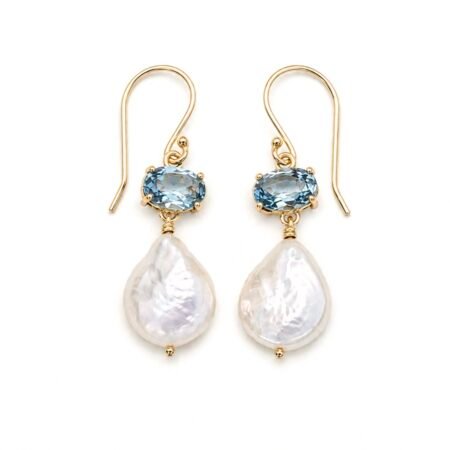 Aquamarine and Freshwater Pearl Drop Earrings - 9ct Gold