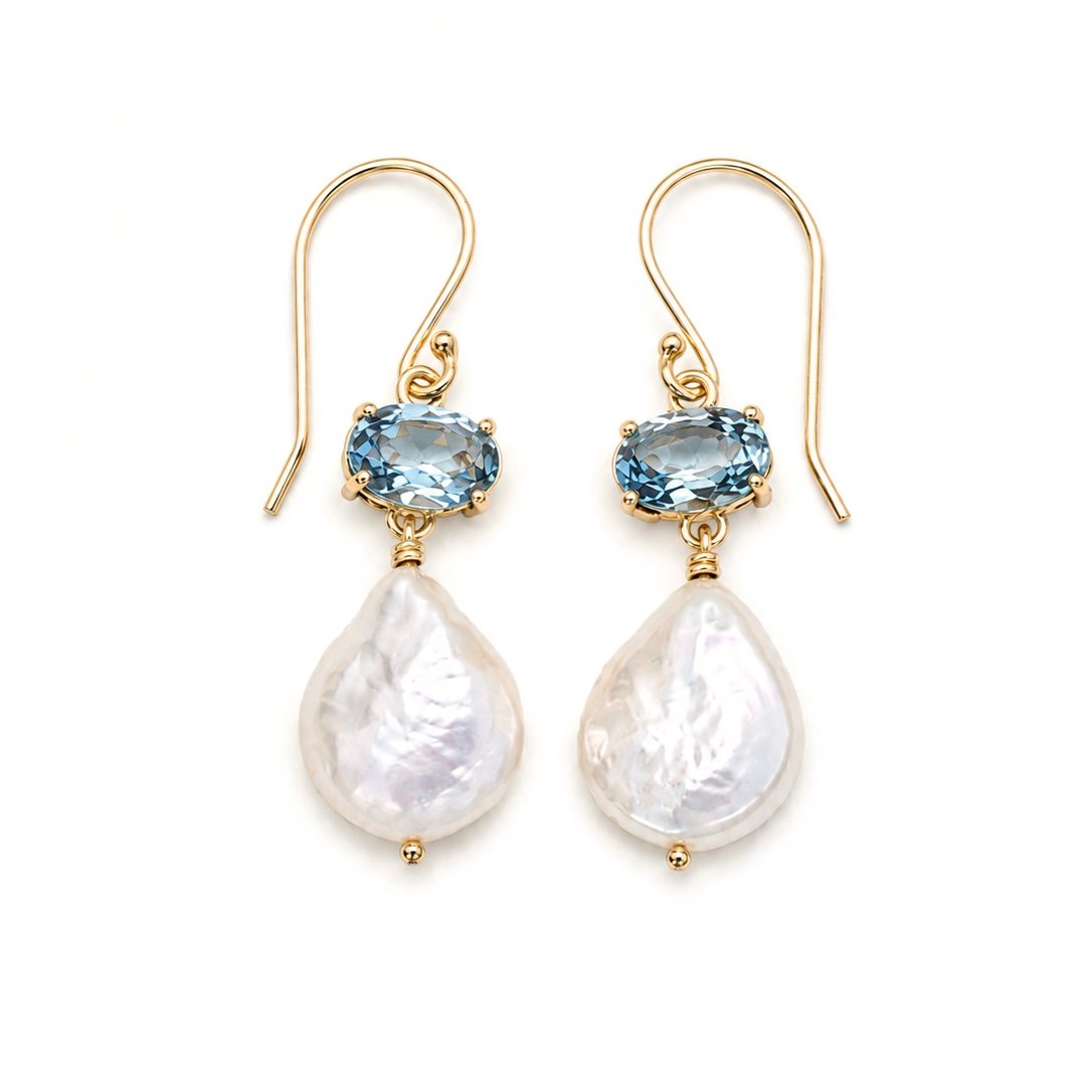 Aquamarine and Freshwater Pearl Drop Earrings - 9ct Gold