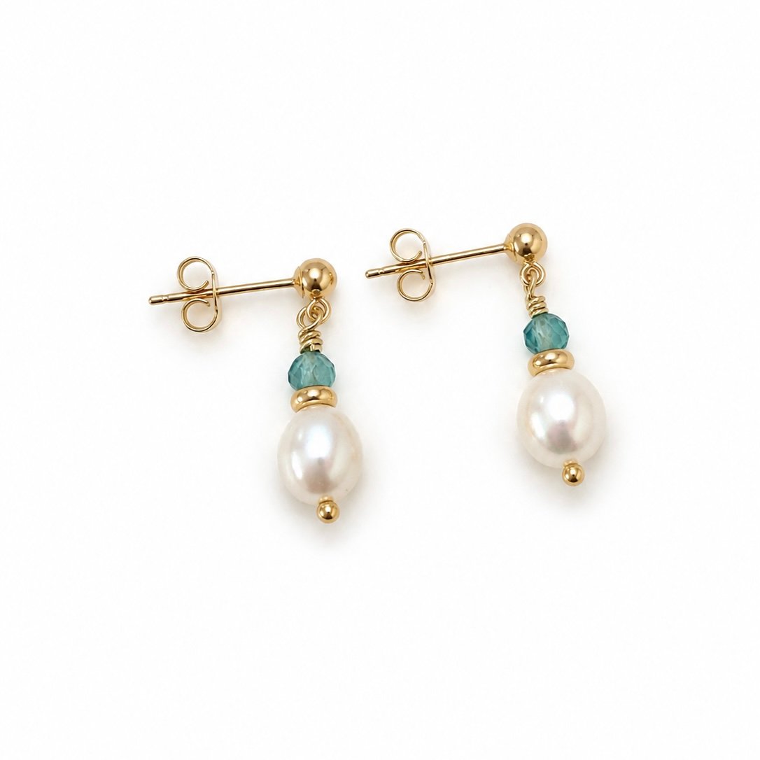 Blue Topaz and Freshwater Pearl Drop Stud - 9ct Gold