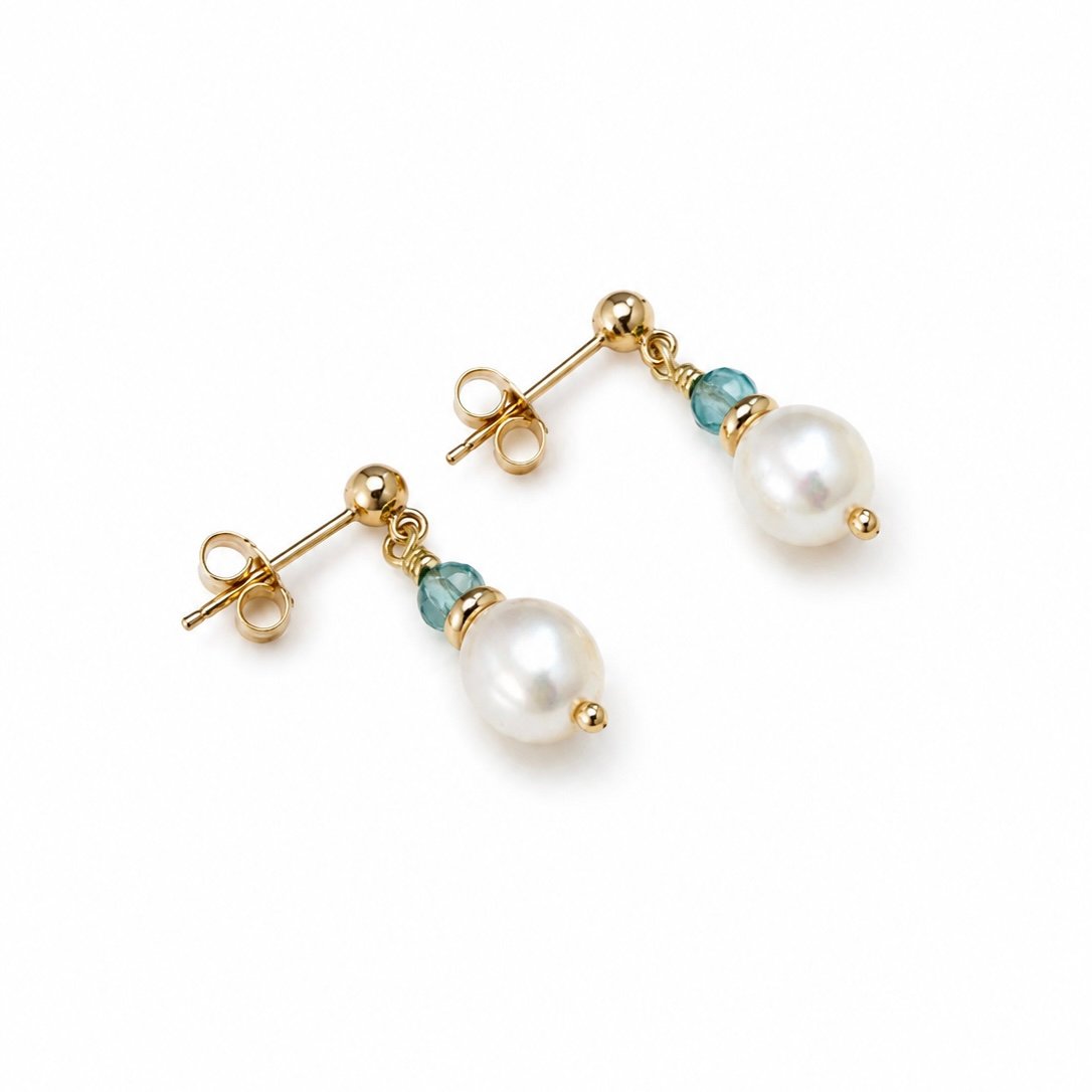 Blue Topaz and Freshwater Pearl Drop Stud - 9ct Gold - Image 3