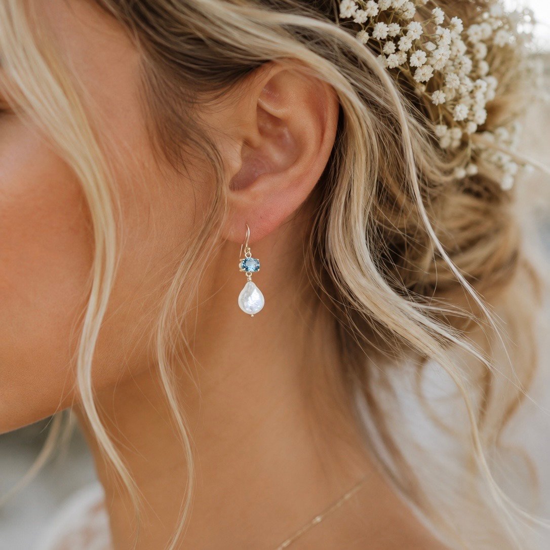 Blue Topaz and Freshwater Pearl Drop Stud - 9ct Gold - Image 2