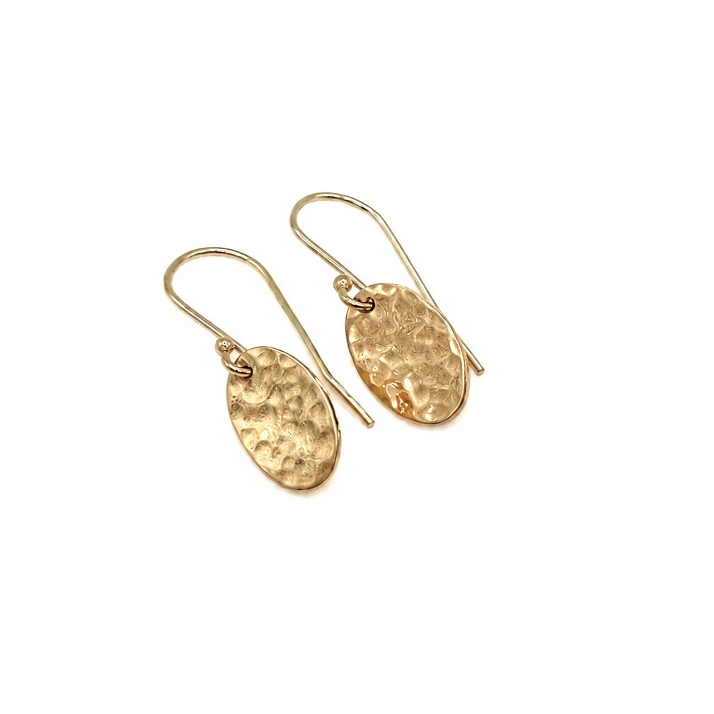 Oval Hammered Drop Earrings - 9 Carat Gold